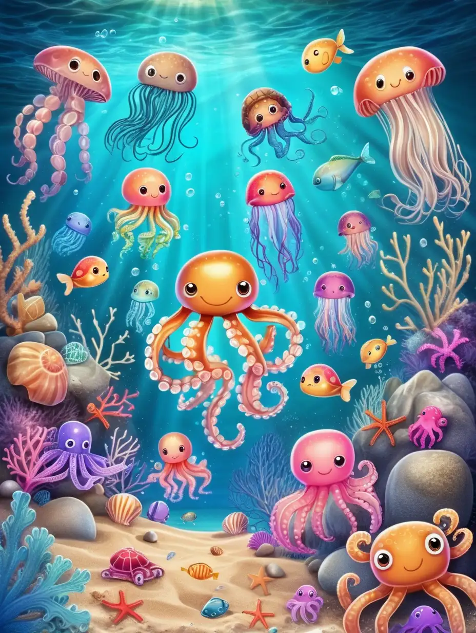 KIDS illustration,  cute cartoon merlads swimming, JELLYFISH, crabs, octopus, AND OTHER SEA CREATURES ALL AROUND, ROCKY BOTTON WITH SAND INTERMIXED, vivid color
