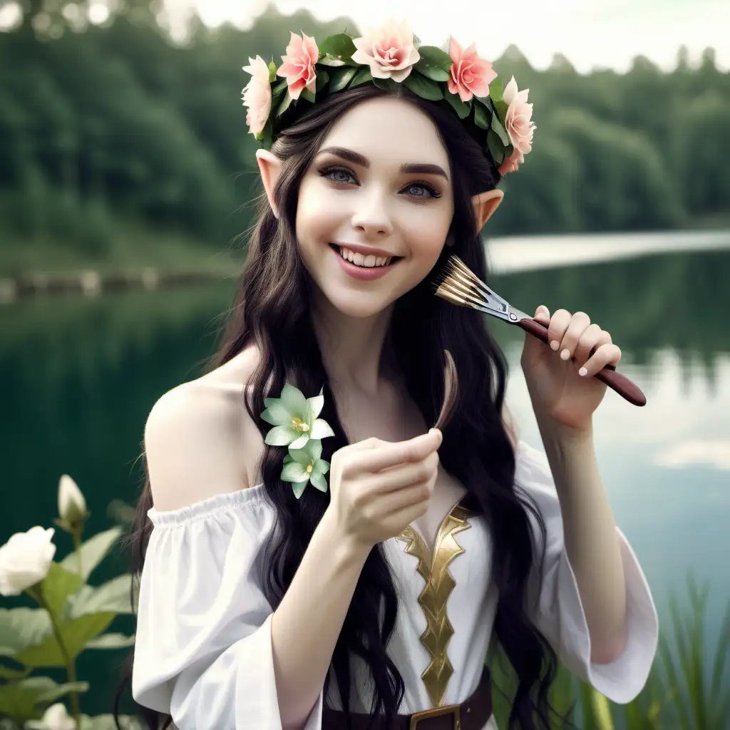 dark hair, beautiful elf, brushing her hair, flower crown, near a lake, pale skin, smiling, 