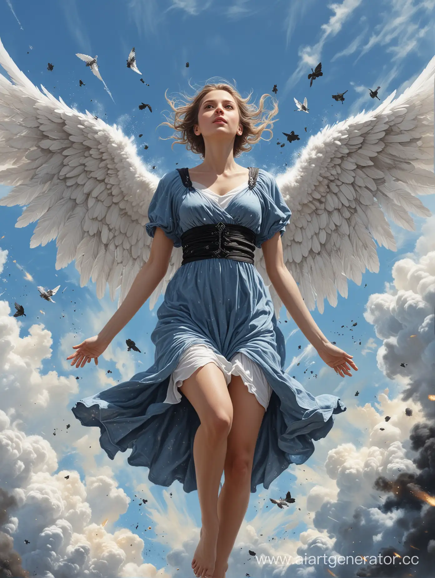 Ангел с четырьмя крыльями, нижние из них маленькие, правые крылья черные, левые крылья белые, одежда черно-белая, завис в полете спиной к зрителю, на фоне голубого неба и взрывов
