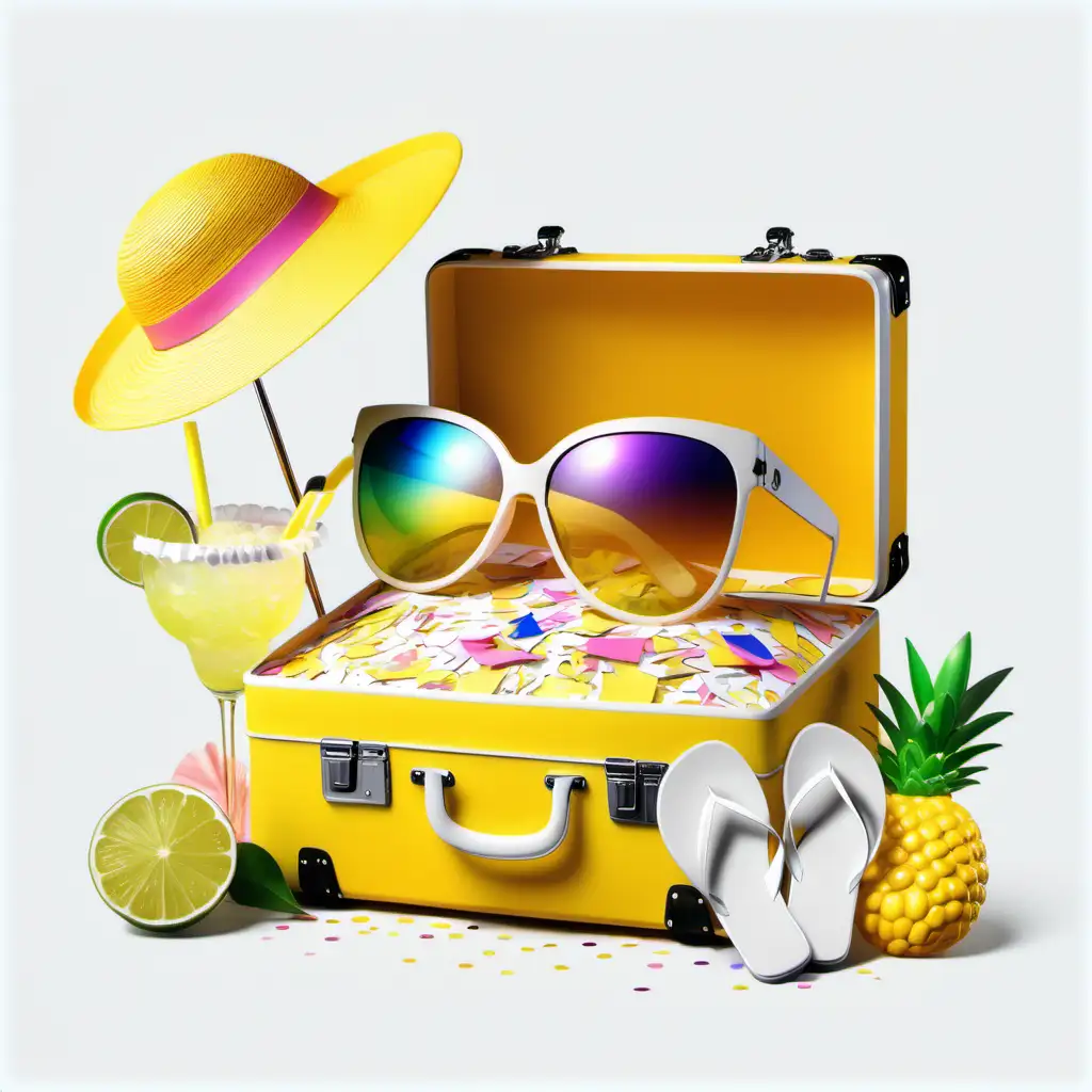 create an image for a GIRLS TRIP, birthday party, confetti, yellow and white suit cases, sunglasses, hats, 3d effects, beautiful SVG, Margarita, bikini transparent background, vibrant colors, soft edges, 4k, watercolor
