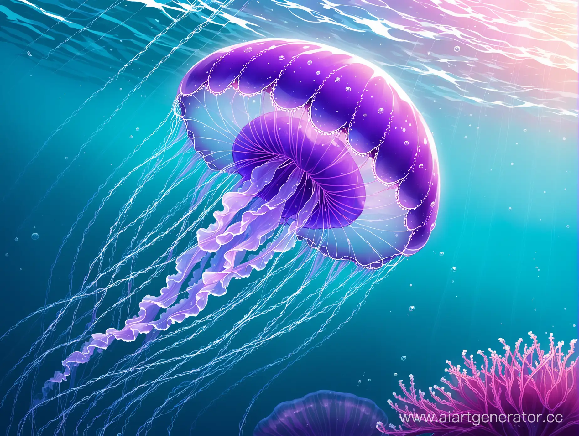 Красивая медуза фиолето-голубого цвета в воде 
