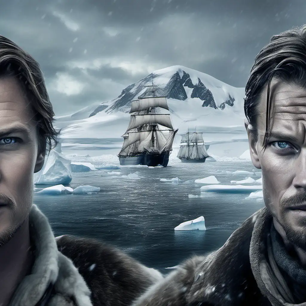 Replace the people in this image with a photorealistic image of Leonardo Di Caprio and Alexander Skarsgard. They are explorers from 1910 who are racing across the Antarctica. The background should be a wild snowy expanse of Antarctica.