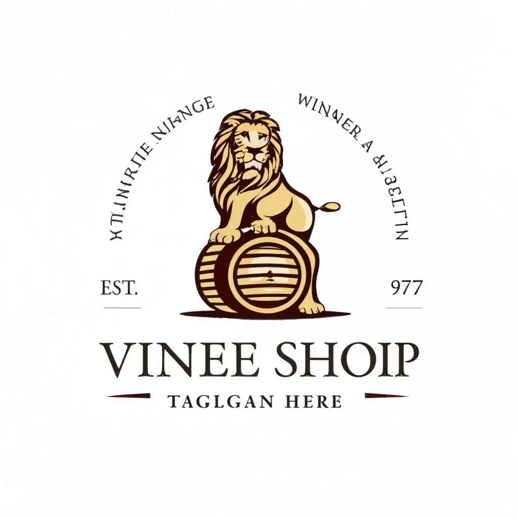 логотип винотеки на котором изображена винная бочка и лев, который сидит на ней спиной
