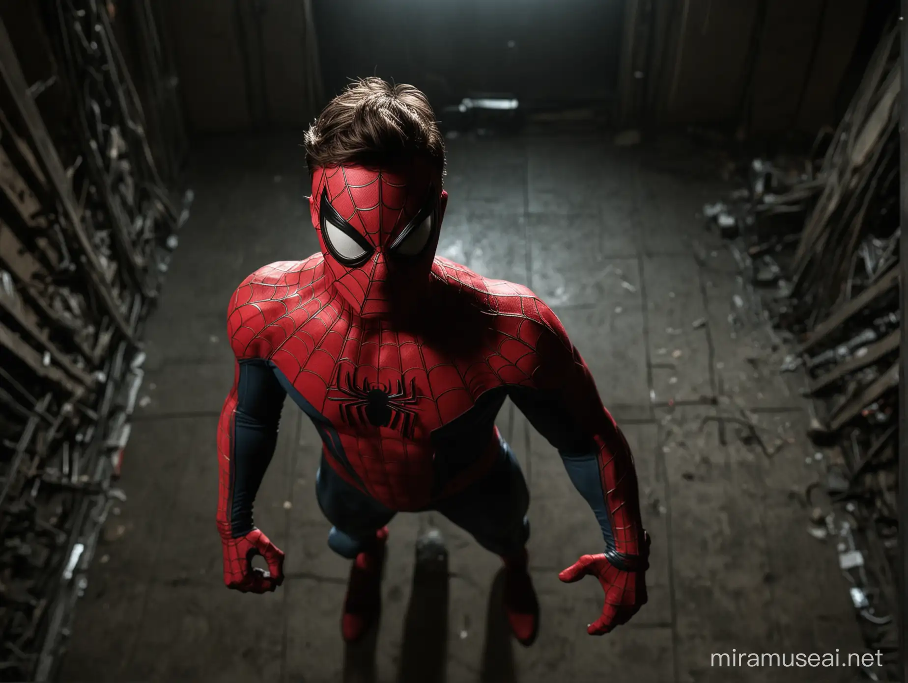 Enzo Vogrincic Wearing Spiderman Costume in Dimly Lit Room