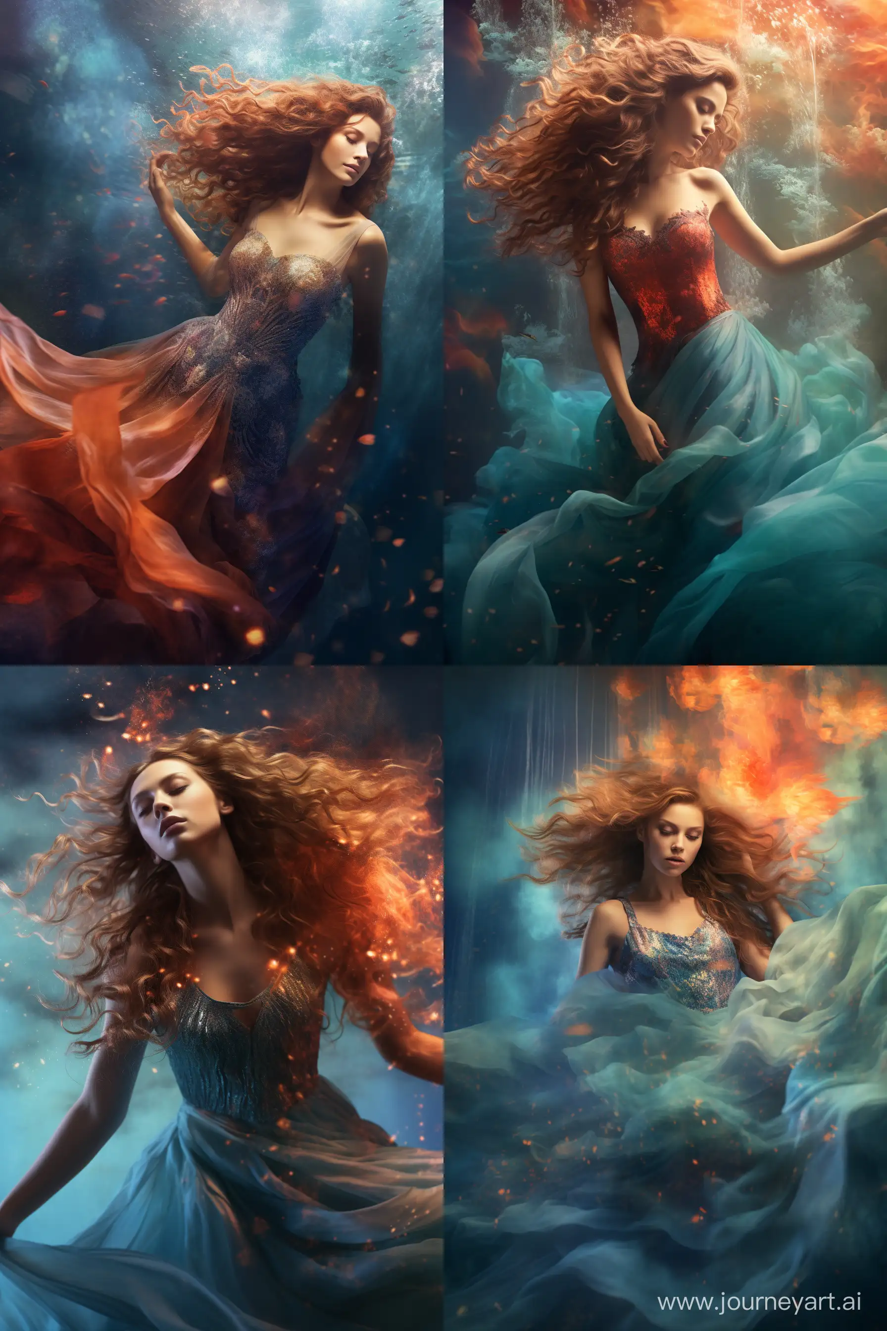 photorealistic final render of epic underwater shot of a beautiful woman swimming into the surface of murky water wearing a dress with a very long train. the train mimics a cloud of vibrant colored smoke swirling around. the smoke dress contrasts with the color of the dark water, accurate anatomy, detailed face, long flowy hair. glitter, magic, shadermask shimmer color grading, 70mm, 2.5D, vibrant colors, high quality CGI VFX fine art --ar 2:3