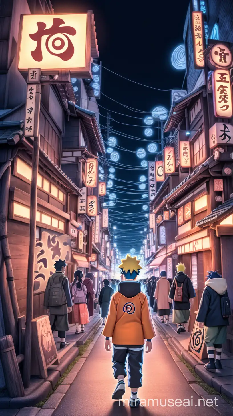 illustration of japanes city in night with neon light naruto walking on street (showing half of naruto)