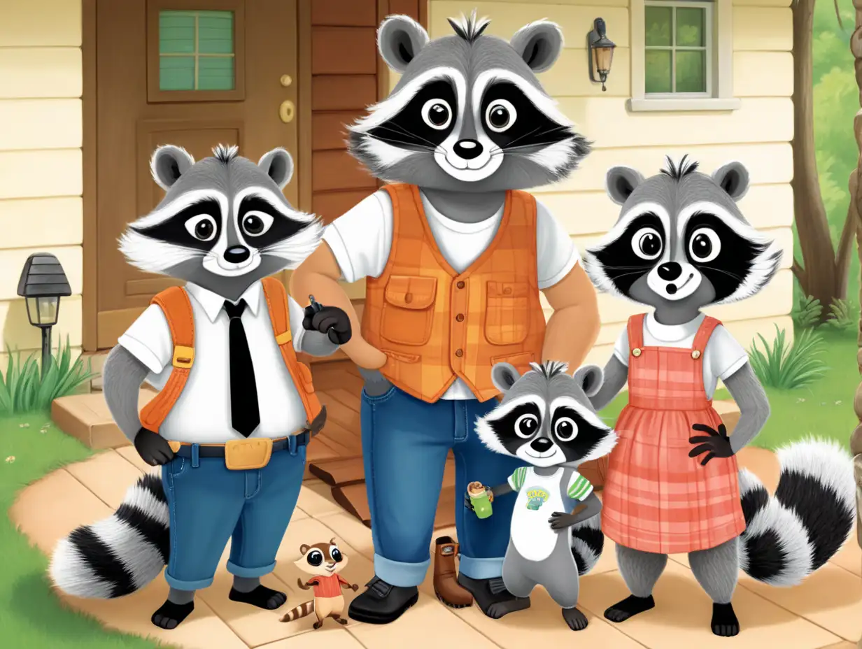 childrens book cover of a family of 3 raccoons wearing average people clothes, Mother,  father and one daughter.  They have a pet squirrel.  they live in a dam shaped as a modern house