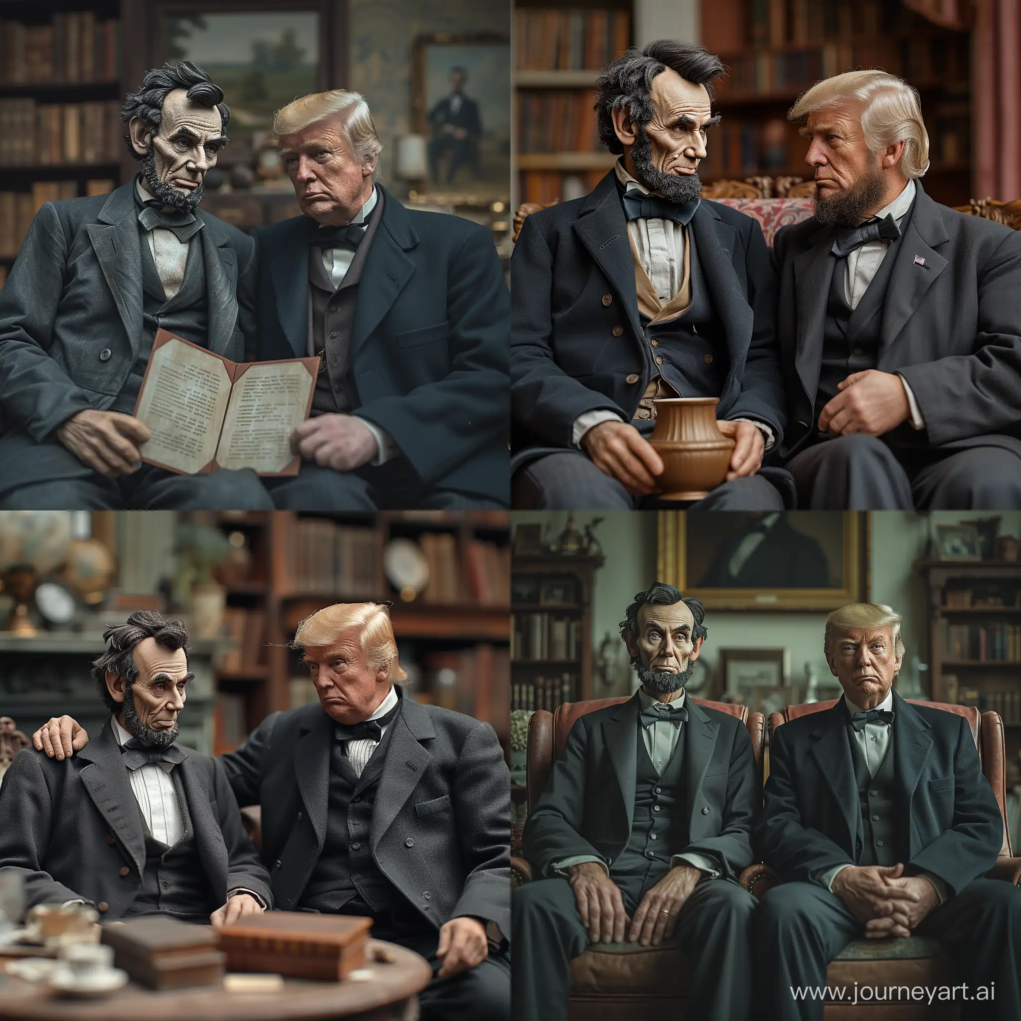 A full body realistic  Abraham Lincoln angrily rebukes   Donald Trump while they are ashamed . with blur in the background, accuracy, focus, and very details skin, --stylize 750 --v 6