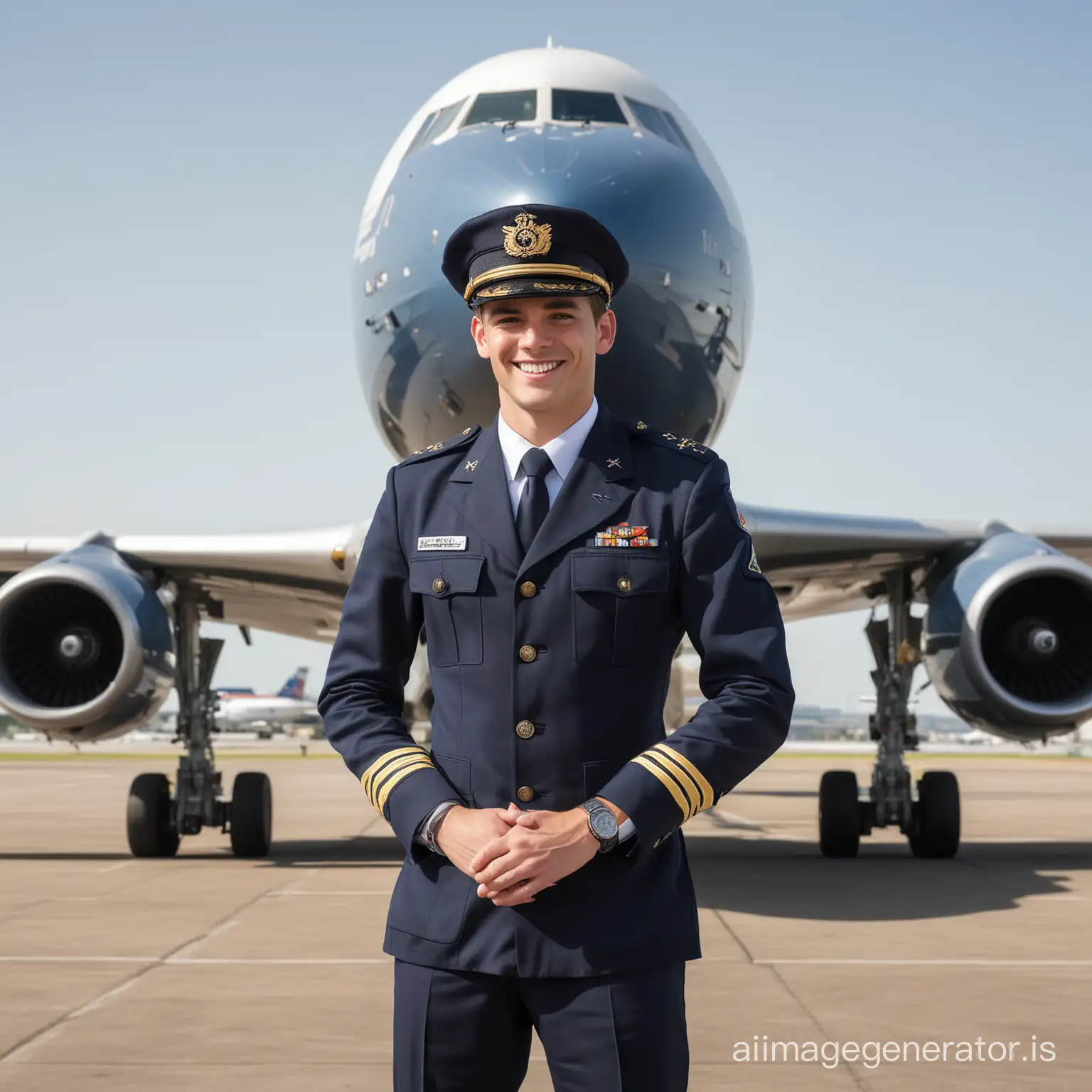 youthful male airline pilot in a captains dark navy blue uniform and hat standing in front of an jumbo jet airplane facing the front and smiling