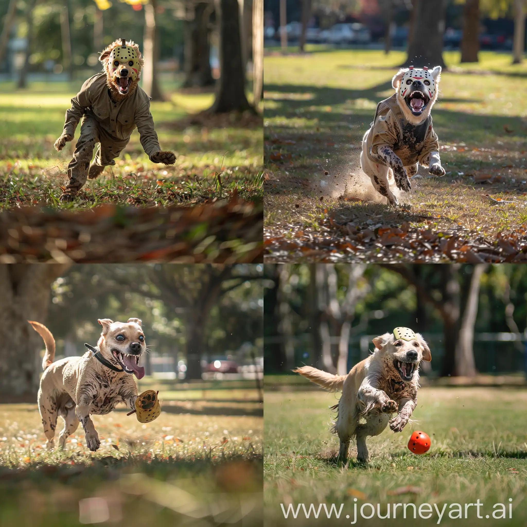 Happy dog, running in the park, scary jason vorhees, playing fetch
