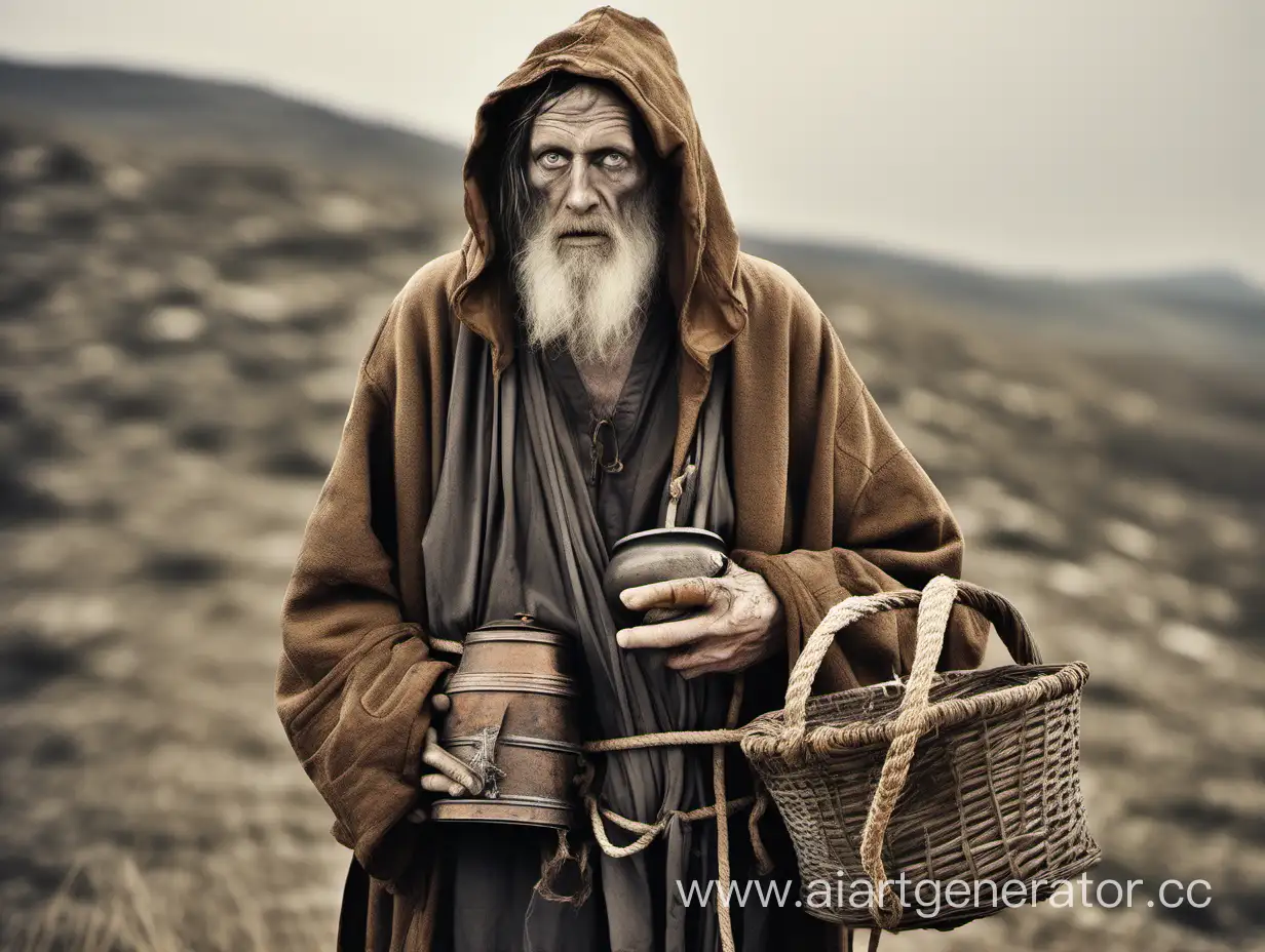 Hermit in rugged and patch robe, face in horrible scars. On his back he wears basket backpack. On his rope belt rusted mug and two small vials.