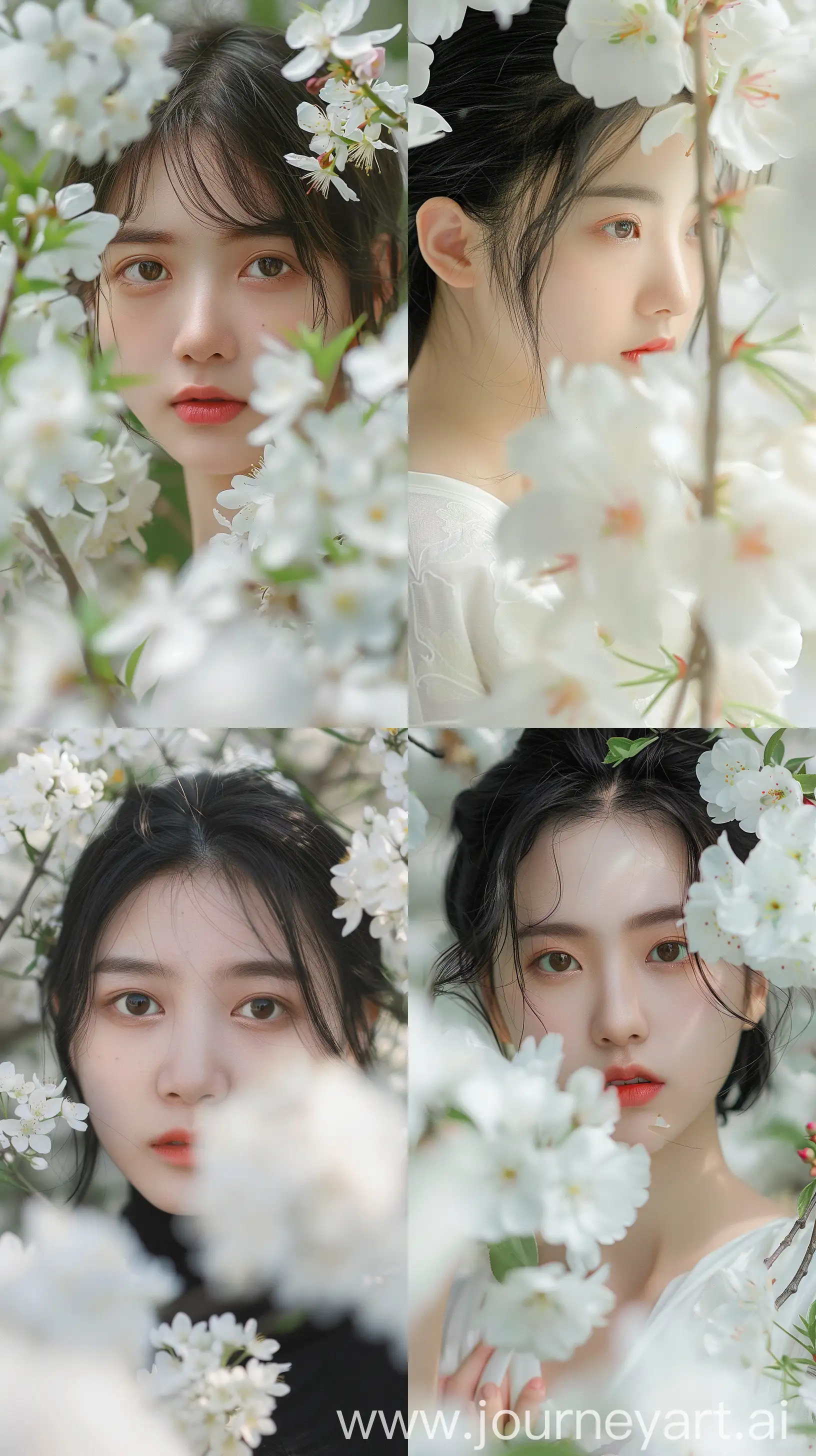 A China girl age 18 standing among white flower, portrait, close-up look. --v 6 --ar 9:16