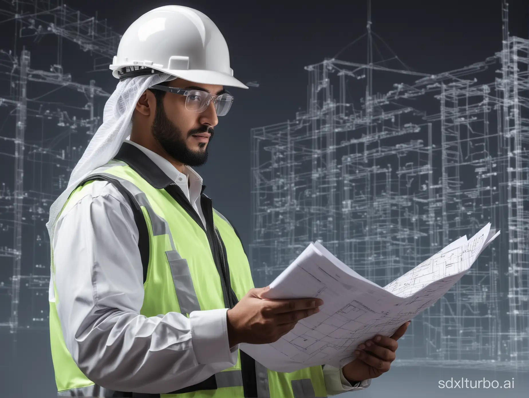 A Saudi Arabian Gulf architect wearing a work hat and protective jacket, holding in his hand the construction plan, project follow-up and work audit, supervision and control of engineering projects, architecture, hologram background.