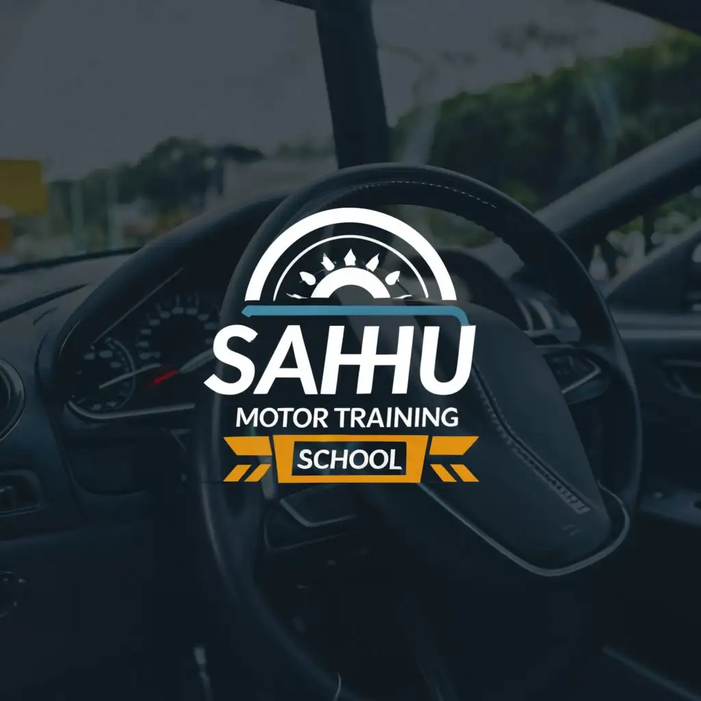 a logo design,with the text "Sahu Motor Training School", main symbol:A stylized car steering wheel or a road sign,Moderate,clear background