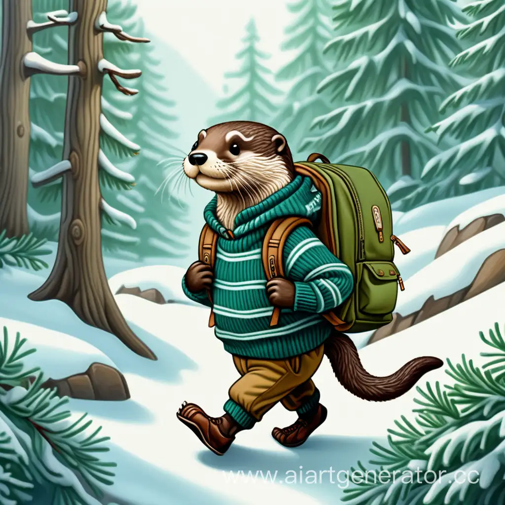 Adventurous-Otter-in-Retro-Style-Sweater-Explores-Winter-Forest