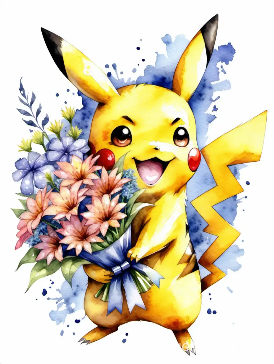 Adorable-Pikachu-Watercolor-Art-with-Bouquet-and-Gift