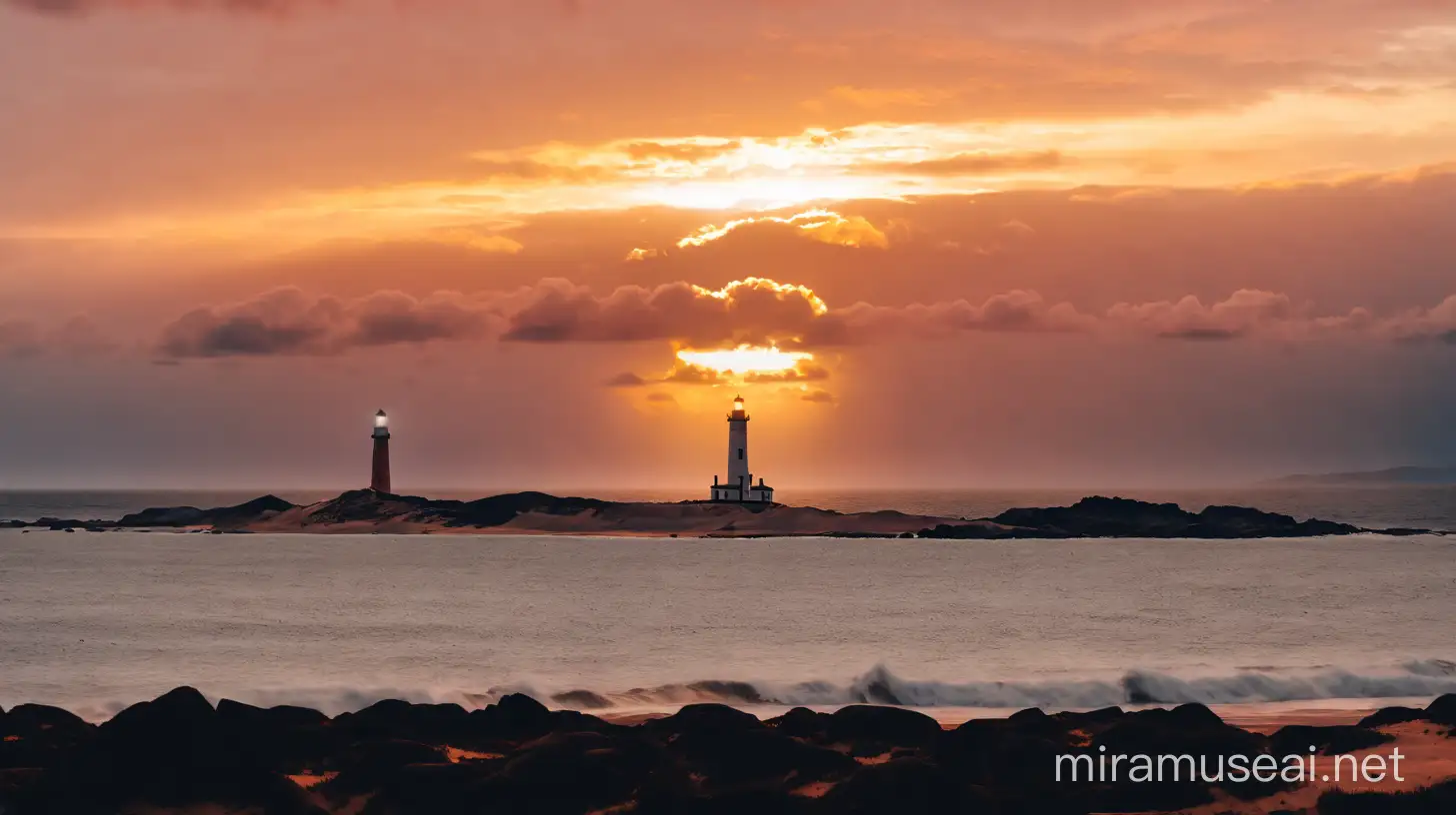 lighthouse stands on rocky shore at sunset with stormy pastel orange clouds, cinematic, realitic,high sand dunes nearby on a dark 
blue night