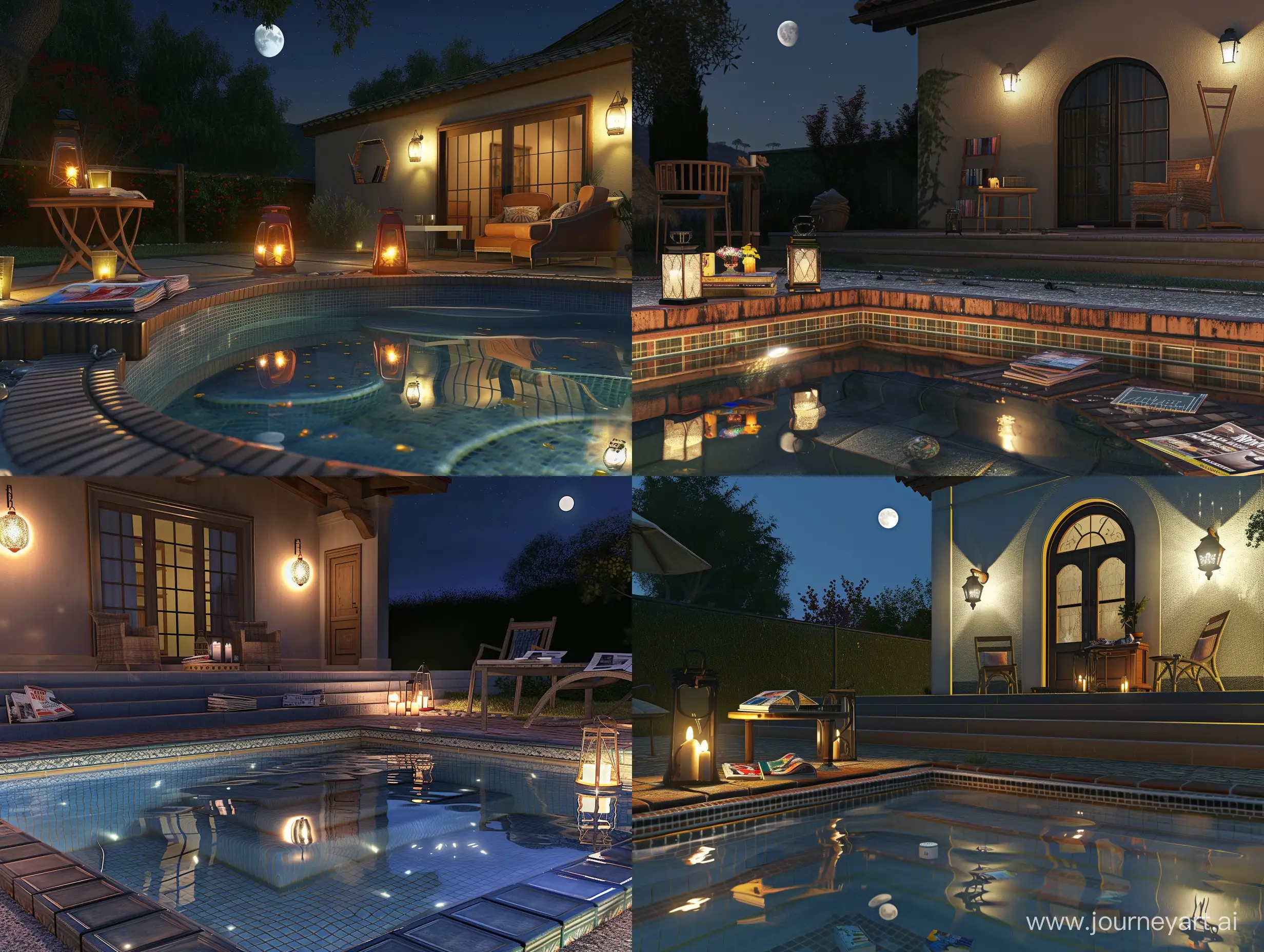 Tranquil-Night-Scene-American-Style-House-with-Swimming-Pool-and-Lanternlit-Ambiance