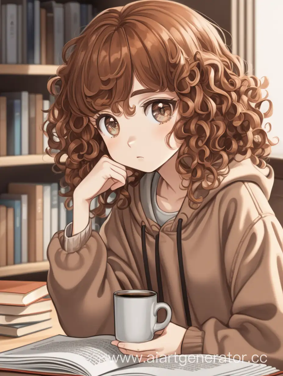 грустная аниме мультяшная девочка с кудрявыми каштановыми волосами за книжкой и кофе