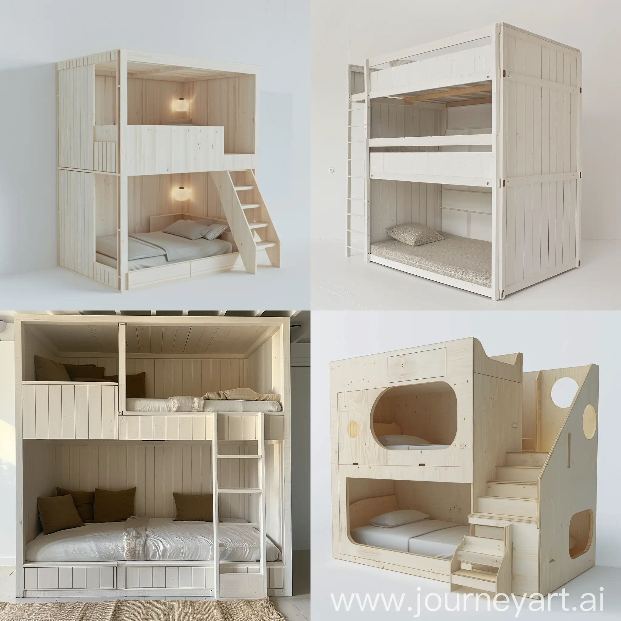 Design a closed unit with dimensions of 2.5 meters long, 1 meter wide and 3 meters high, made of white wood. It contains an upper bed and a lower bed. It serves the youth group.