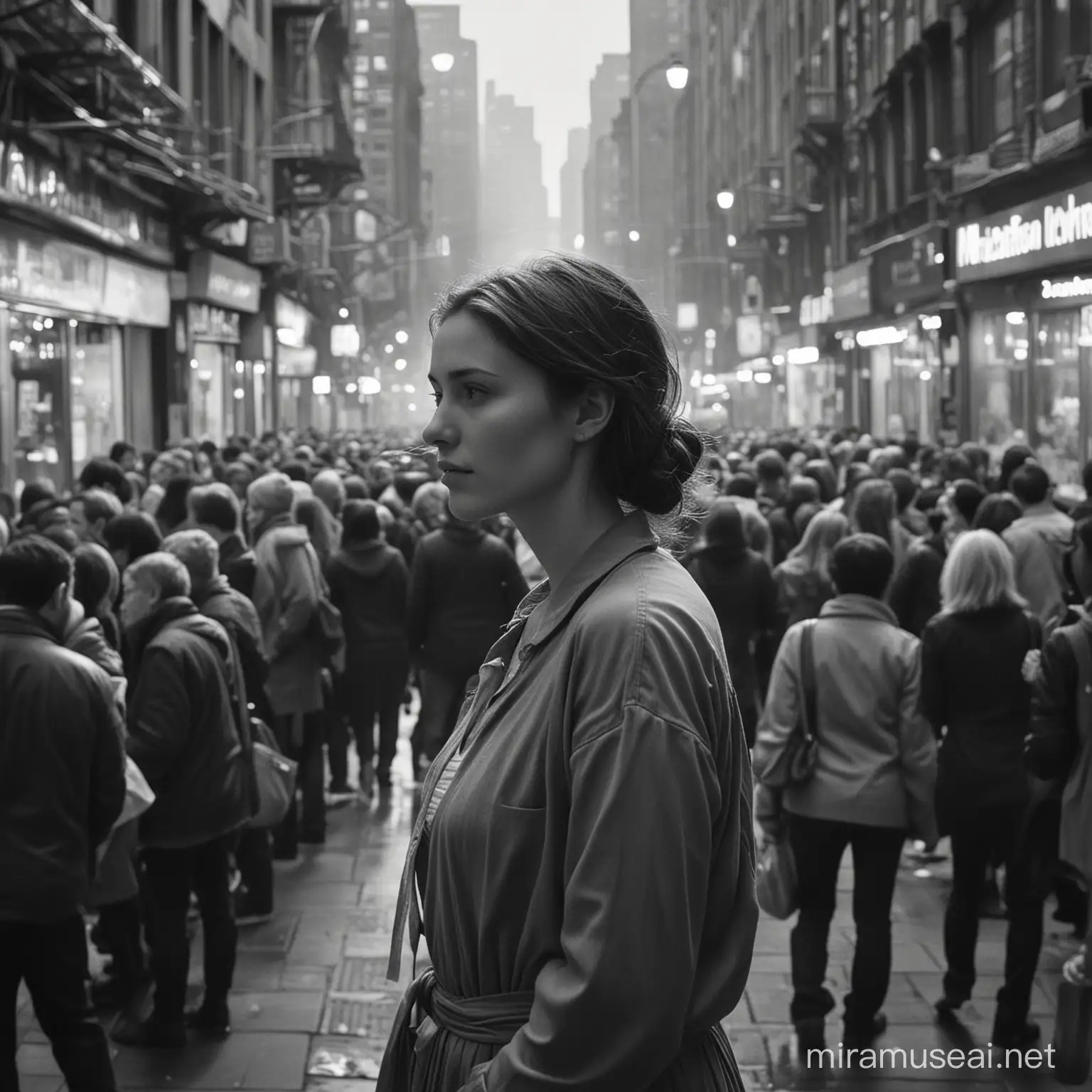 Title: "Amidst the Swarm"

Prompt:
In the heart of a bustling metropolis, amidst the ceaseless flow of bodies and cacophony of voices, stands a solitary figure—a lady, poised and contemplative. As she navigates through the thronging crowd, her mind swirls with thoughts, pondering the intricacies of existence.

Describe her surroundings with meticulous detail, capturing the vibrant energy of the urban landscape. Highlight the contrasts between the rush of urban life and the lady's introspective demeanor, creating a poignant juxtaposition.

Explore her internal monologue, delving into the depths of her contemplation. What questions plague her mind? What desires stir within her soul? Perhaps she grapples with existential quandaries or seeks solace amidst the chaos.

Consider incorporating sensory imagery to immerse the reader in the scene. Describe the sights, sounds, and scents that envelop the lady as she stands amidst the crowd, painting a vivid picture of her surroundings.

As the narrative unfolds, reveal glimpses of the lady's character and backstory through subtle hints and interactions with passersby. Explore themes of isolation, connection, and the human condition, weaving a rich tapestry of emotions and experiences.

Ultimately, leave the reader with a sense of intrigue and curiosity, prompting them to ponder the complexities of the human experience and the fleeting moments of connection amidst the bustling chaos of city life.