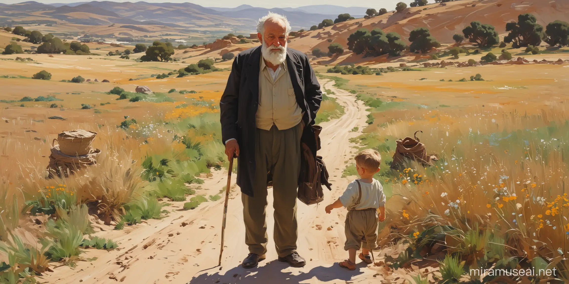 картина в стиле Хоакин Соролья, эпическая старик и мальчик , у дороге в поле,