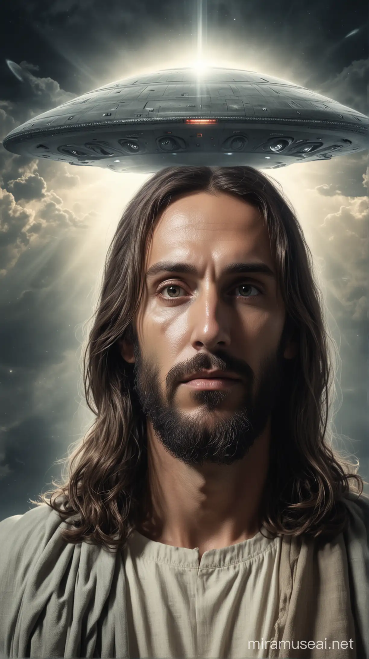 Jesus with a gray alien face transported by a UFO