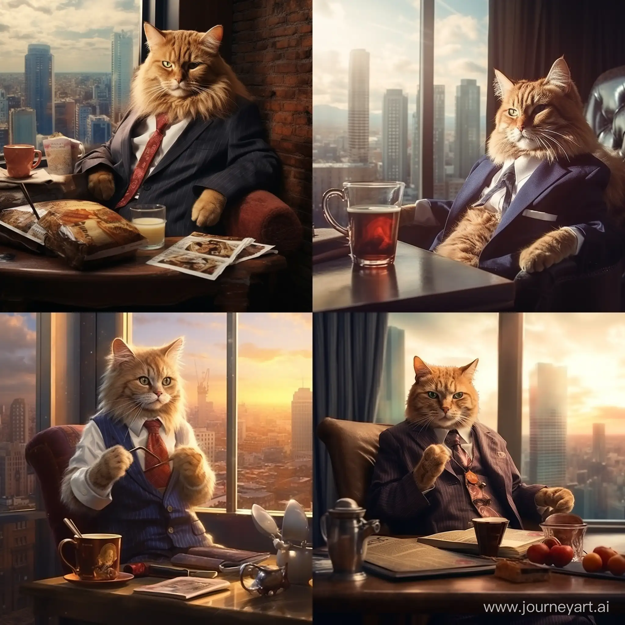 сварливый кот бизнесмен в деловом костюме сидит в офисе в небоскрёбе и пьёт горячий чай, министр экономики в Российской Империи