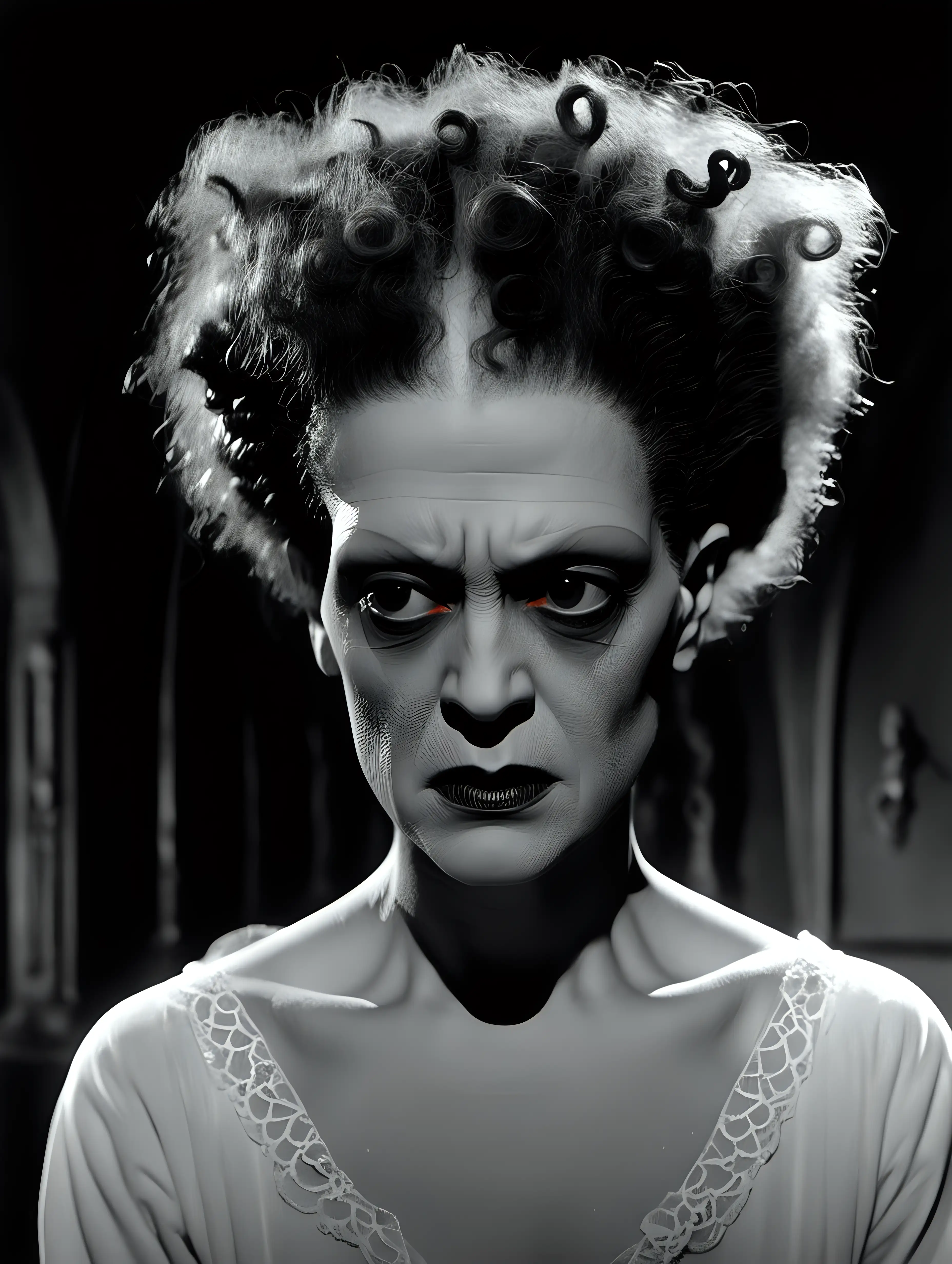 bride of frankenstein 1935 expressionism,
strong facial expression,
colorful realism, dark orange
and silver, oshare kei, shiny,
subtle use of light and shadow
--ar 3:4 --s 100 --q 2 --v 5.2
