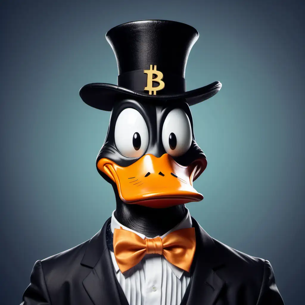 mister bitcoin with a face would be Daffy duck , portrait, with bitcoin logo on bow tie