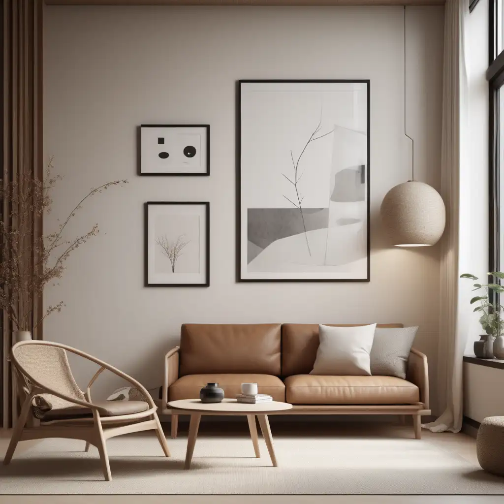 JapandiInspired Living Room Mockup with A0 Frame Modern Serenity in Minimalist Design