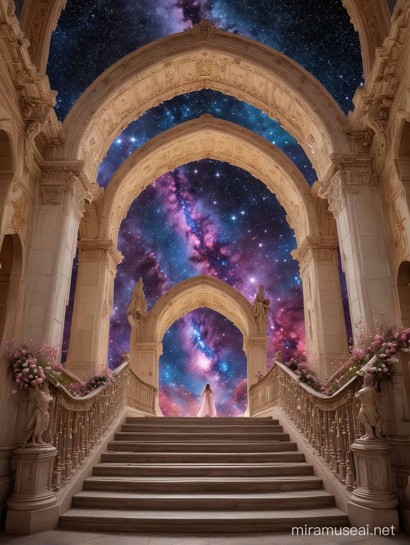  This image depicts a fantastical and celestial setting. The central focus is a grand staircase with golden trim, leading up to an ornate, arched doorway that seems to be the gateway to another dimension or celestial place.  The background is filled with a mesmerizing display of stars, galaxies, and nebulae in vibrant colors of blue, purple, and pink. Four angelic figures with wings are positioned around the staircase; they are white and appear ethereal.  There are floating diamonds of different sizes scattered throughout the scene adding a magical element. The image conveys a sense of ascension and transcendence through the upward leading stairs and the heavenly beings. It’s like a scene from a dream or a fantasy novel.