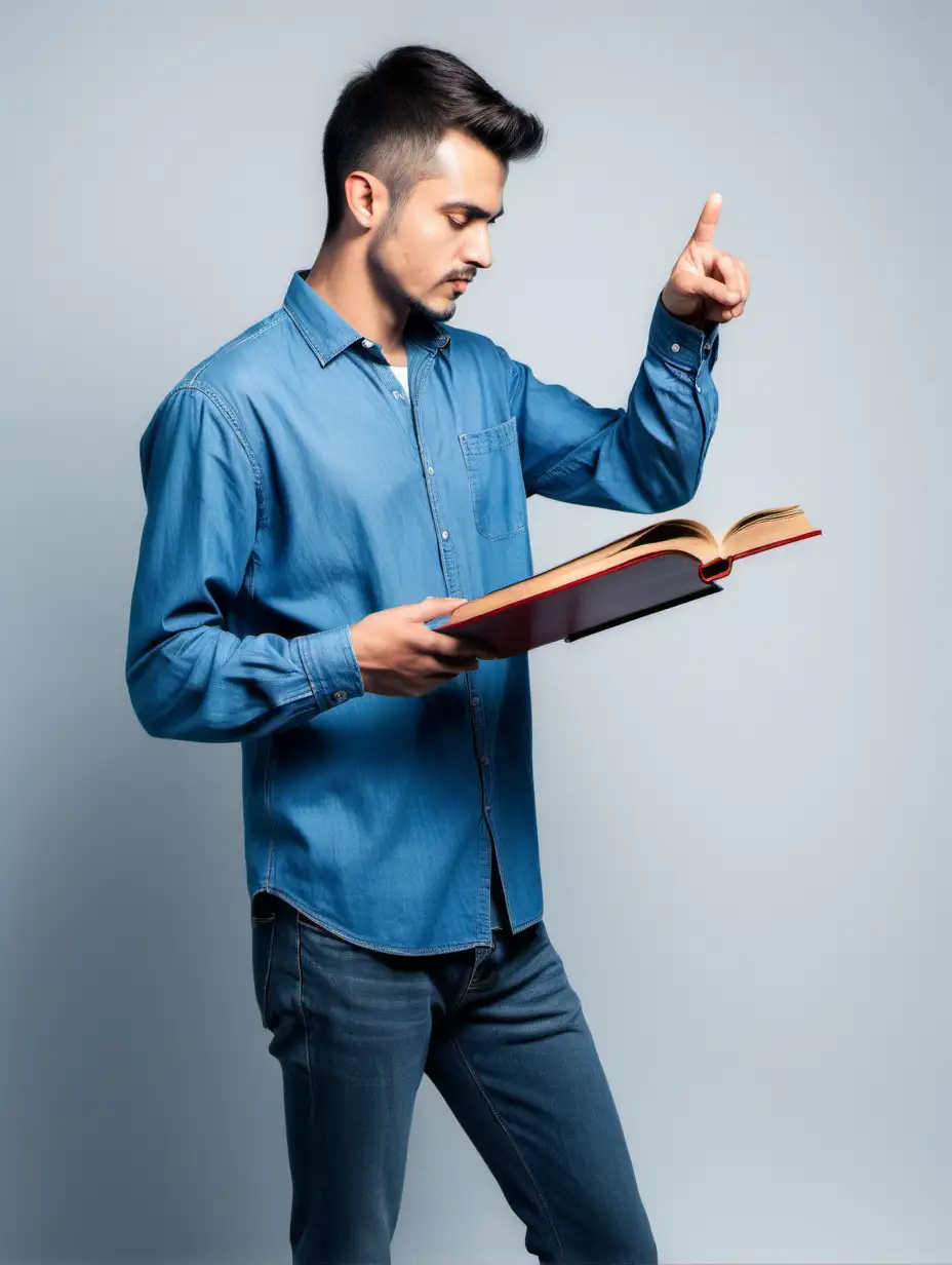 Man in Blue Shirt Pointing at Book Side View Full Body Shot