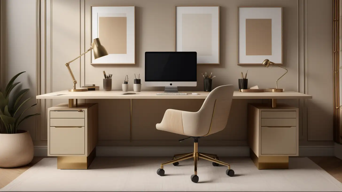 a Hyperrealistic image of furniture design for an interior design firm; a work desk that can be sat at from both sides, with cable management holes at the top; beige, light oak and brass colour palette