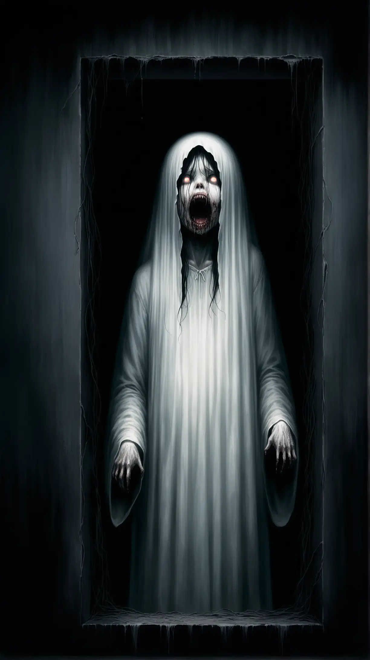 Eerie Haunted Ghost Emerges from Putrid Black Wall