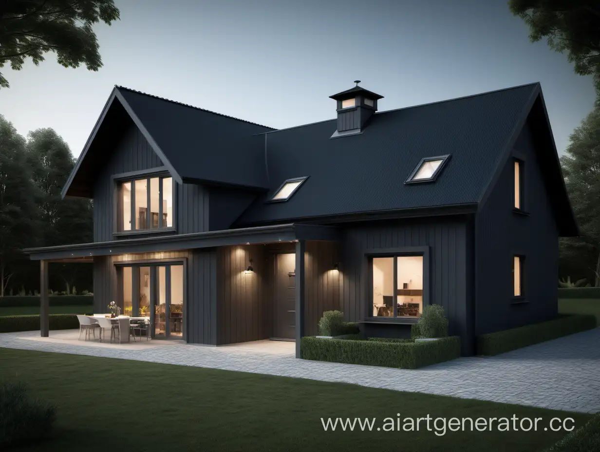 Одноэтажный загородный дом в стиле barn house тёмно-серый с высотой потолков 2.2 метра
