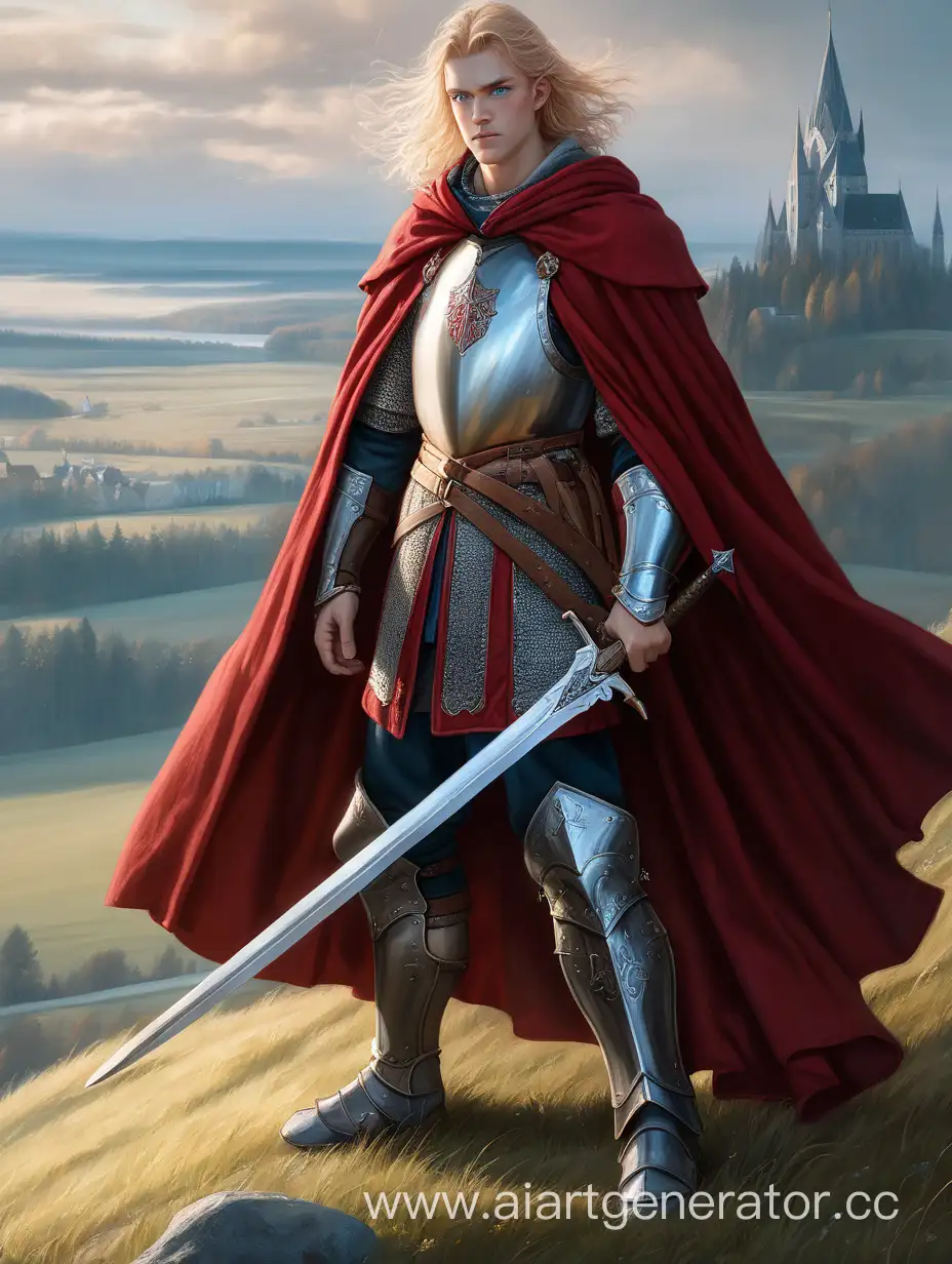 portrait, a nordic man with fair hair, beautiful, blue eyes, dressed in armor and a red long cloak, stands on a hill, holding a sword in his hand