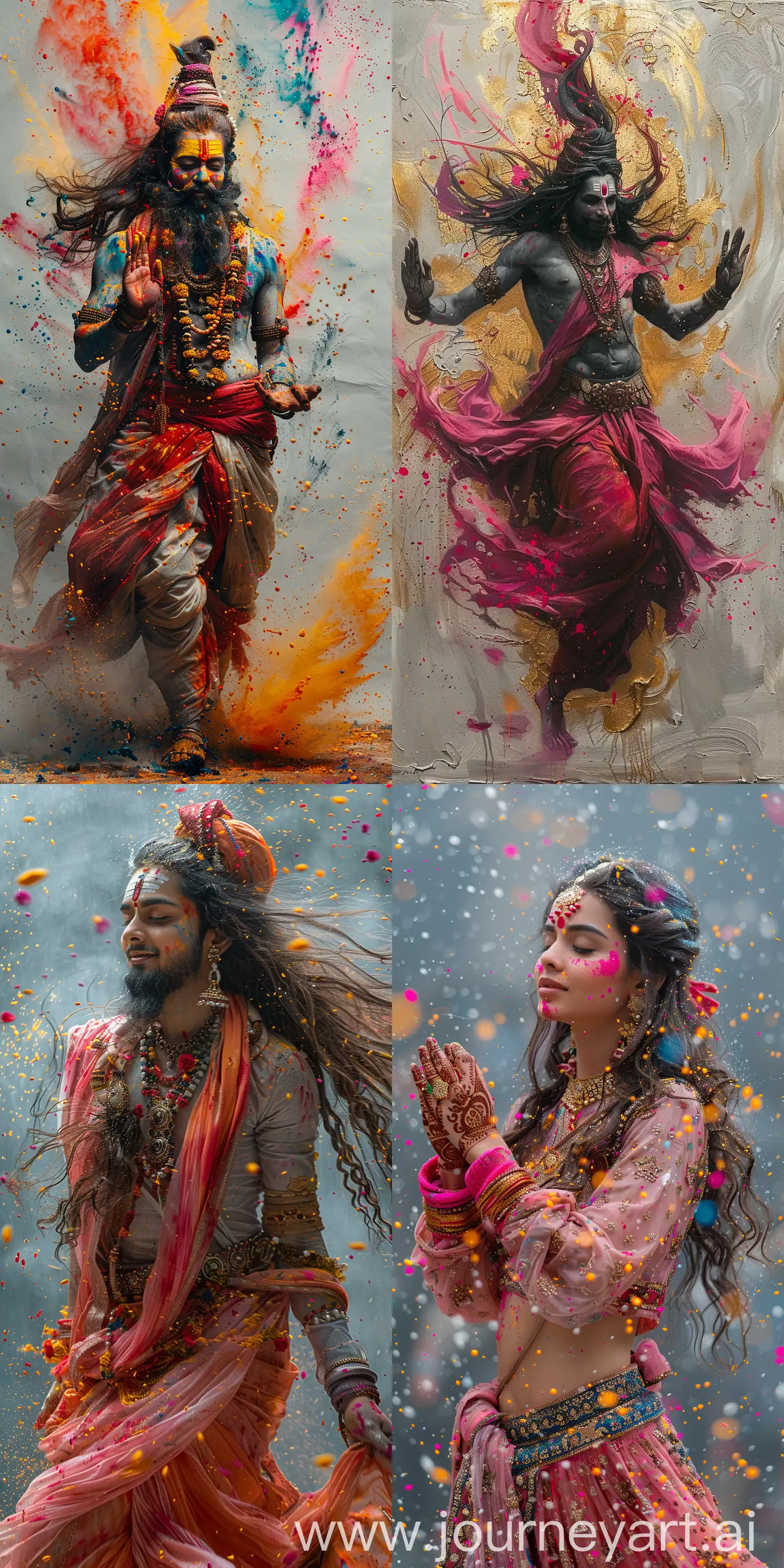 holi images with a beautiful Mahadev wo dancing around in colored paints, in the style of light gray and light bronze, spiritual meditations, dark gold and pink, bold and vibrant primary colors, expressive facial features, hurufiyya --ar 1:2 --stylize 750 --v 6