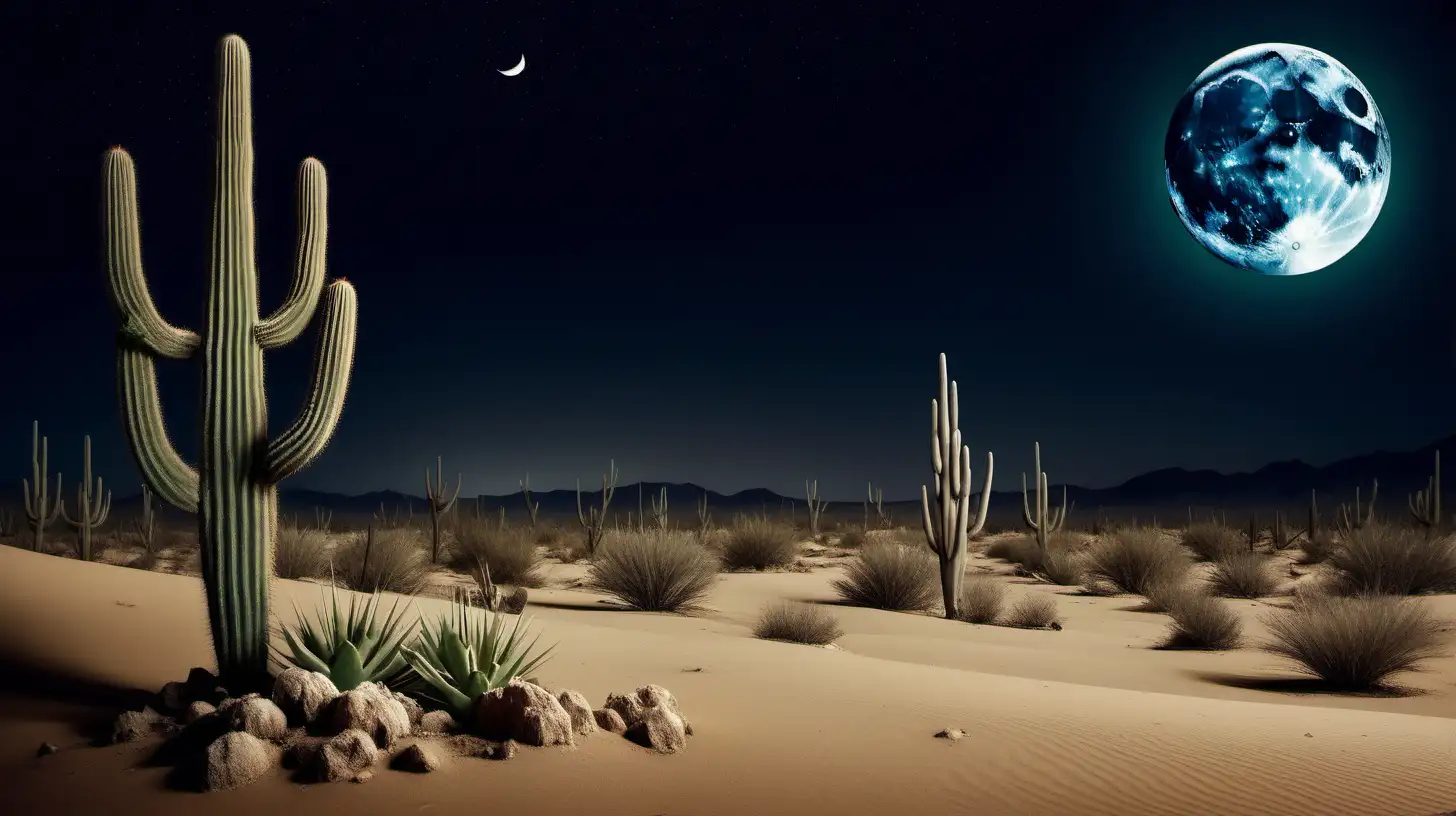 Sandy desert landscape with cactus, moon night, photo shot