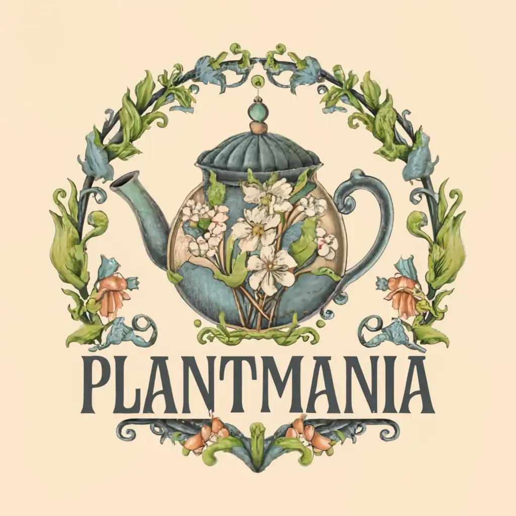 a logo design,with the text "Plantmania", main symbol:plant in a teapot in modern victorian style,complex,clear background