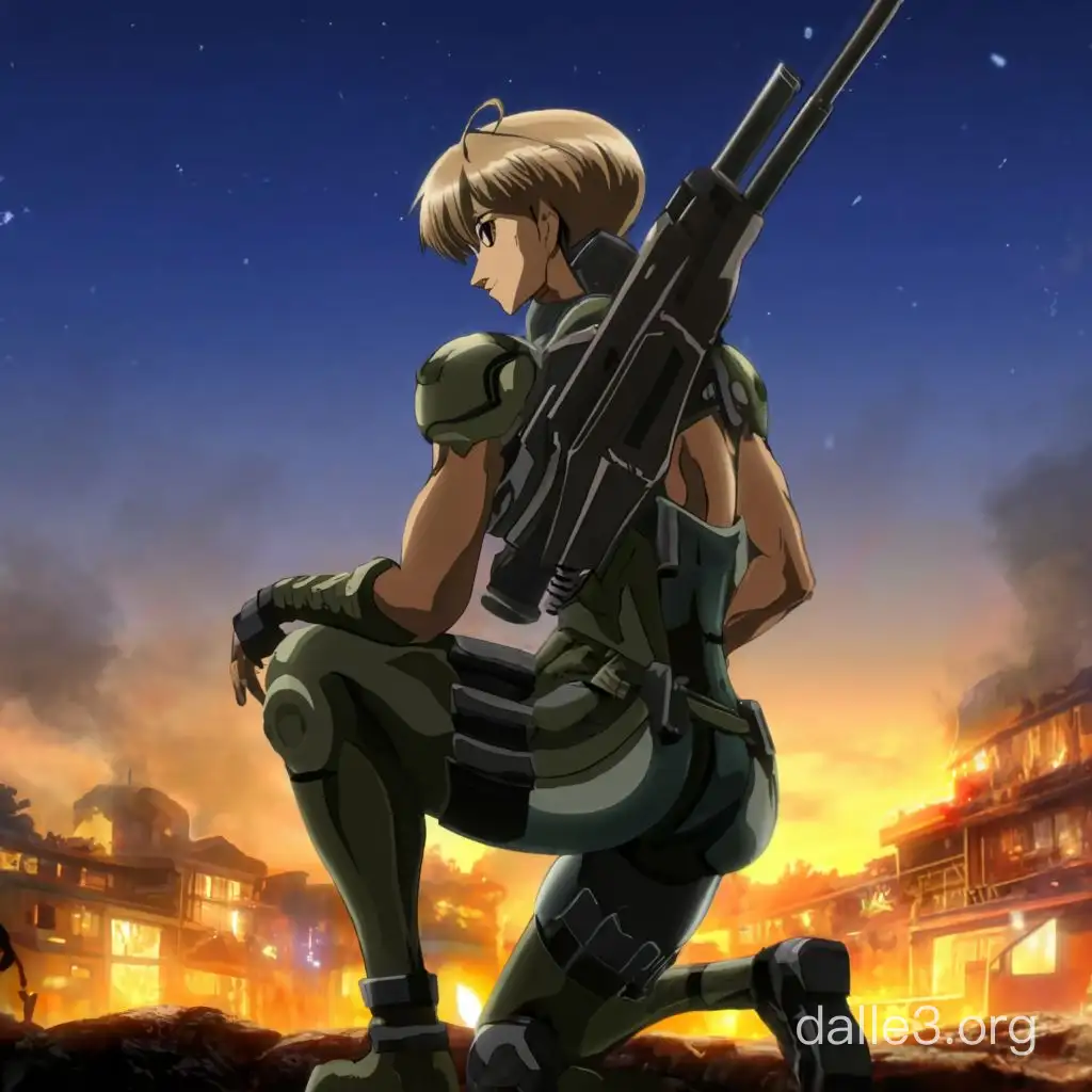 Viewed from behind 'Deunan Knute' aiming a rifle from Masamune Shirows manga series appleseed. In kneeling pose. At night I'm s desert town lit by fires.