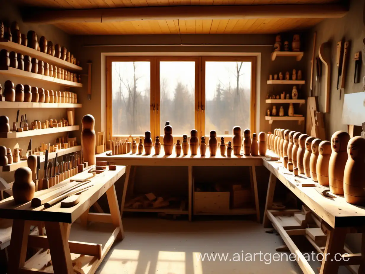 carpentry workshop a lot of wooden nesting dolls tools, a large wooden workbench, a plane hammer chisels saw, the sun in the window comfort warmth wood, a landscape painting on the wall