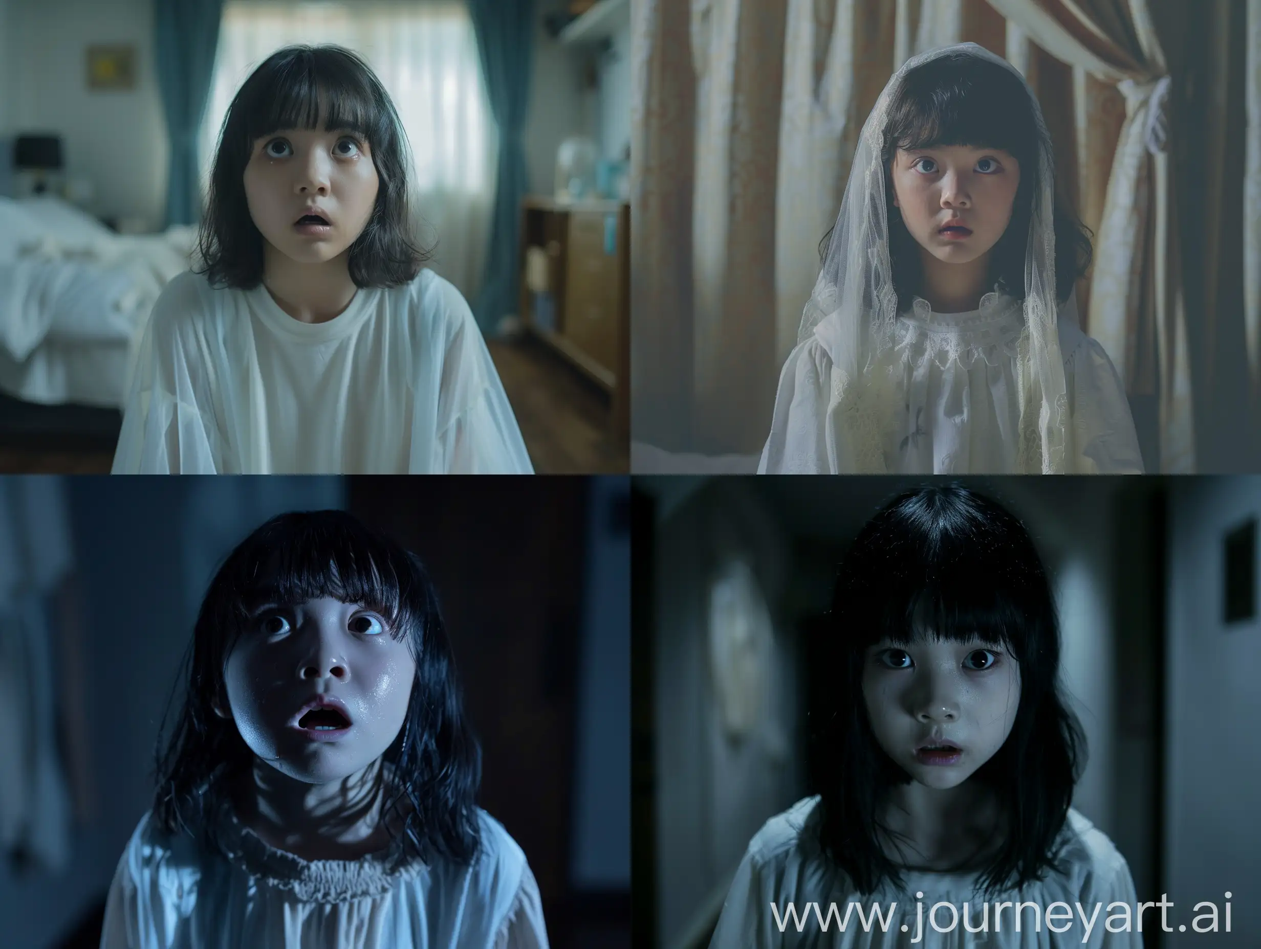 realistic movie stills, full body, full shot, wide shot, A Japanese cute girl has transformed herself into a ghost, has a capable observation, has a self-singing voice, and sings in a high-pitched voice, strong dramatic tension, rich details, clear light and shadow, a strong sense of cinema