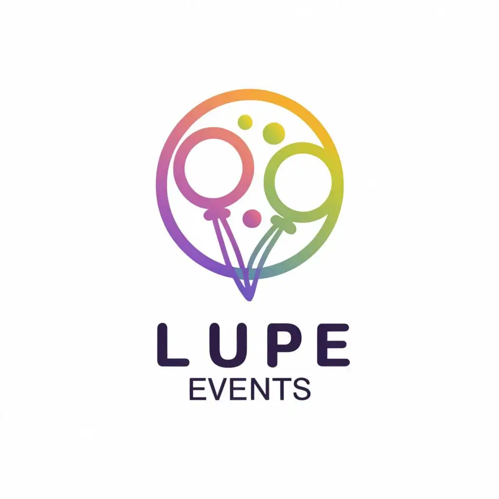 Logo, A gradient circle violet base, with balloons or a shape similar to balloons, paint, and representing fun and birthdays. Elegant and pastel colors for rich people, with the text "LUPE events", typography, to be used in the Events industry