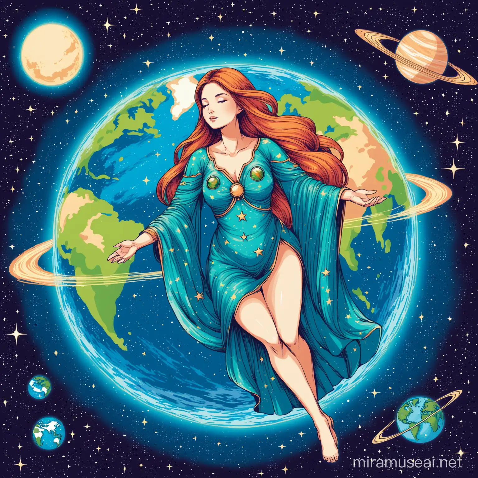 illustration of a celestial woman dressed as planet earth