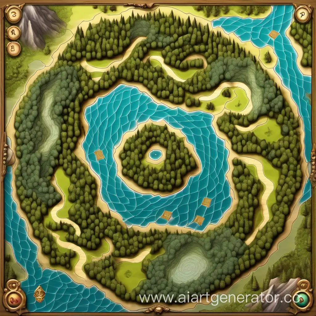 спиральное игровое поле настольной игры горная местность с озёрами и лесами