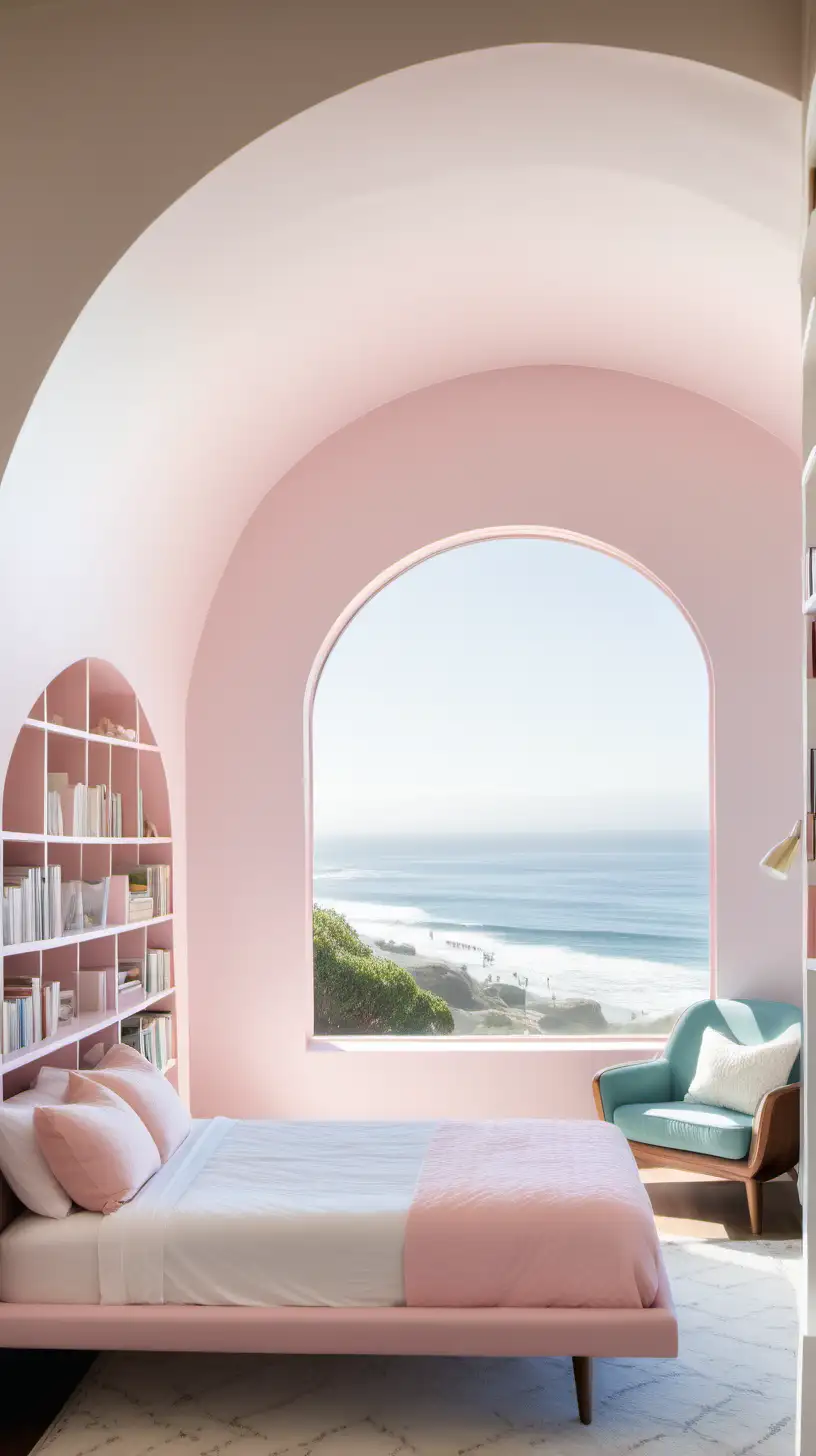 simple, clean, mid century modern, girls bedroom, soft pink bed, arched bookcase, malibu ocean view