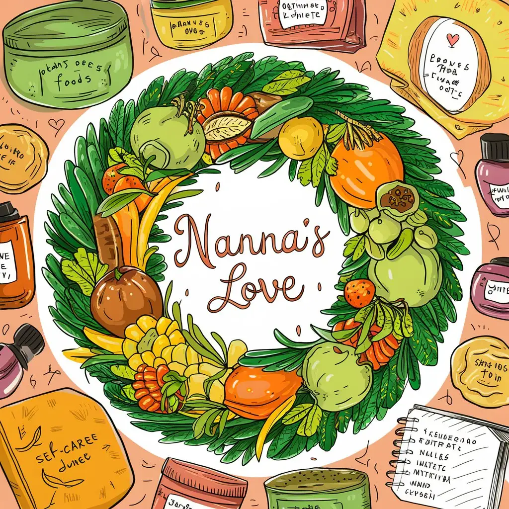 Create a cartoon image with plant-based foods, body butters, essential oils, self-care journals in the colors of grass green, lime green, orange, gold and yellow in a wreath put the words with the words Nanna's Love Nurture your body nourish your soul in the middle.