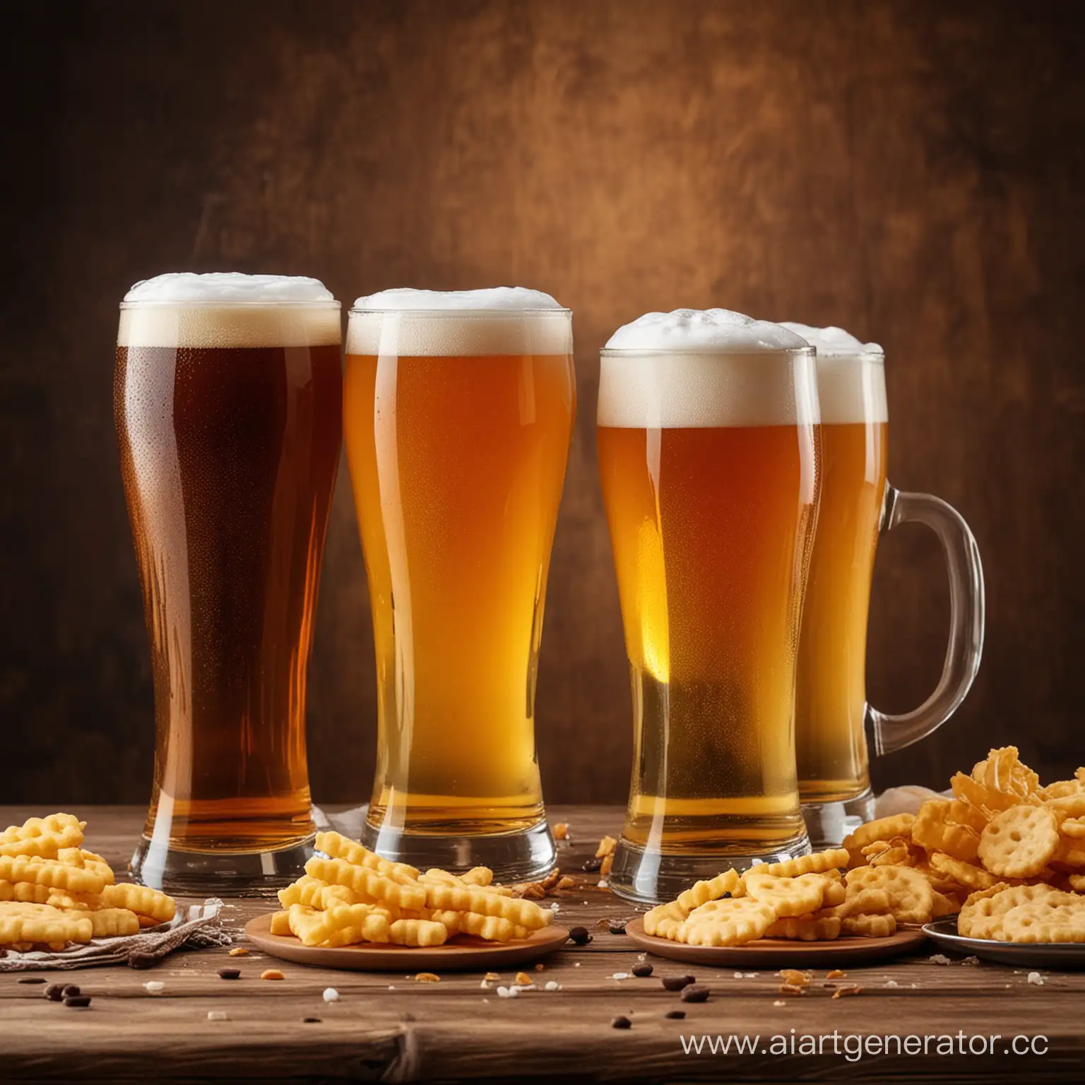 Wooden-Table-Setting-with-Three-Beer-Glasses-and-Snacks