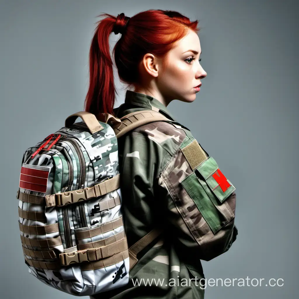 Девушка в военной форме в камуфляже, с рыжими волосами собранныси в хвост, стоит спиной. Смотрит в даль, на плече, держит военный медицинский рюкзак